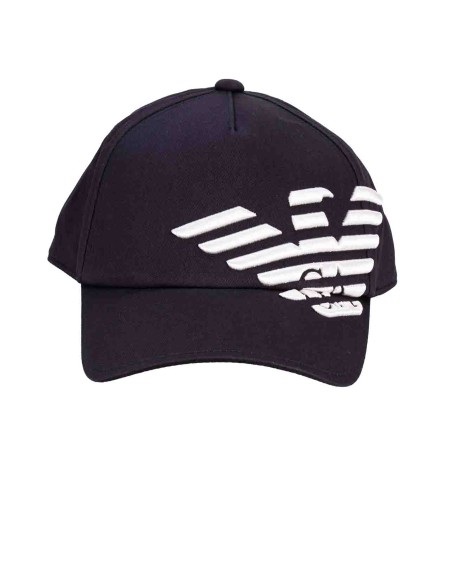 Shop EMPORIO ARMANI  Hat: Emporio Armani beachwear baseball hat with raised eagle embroidery.
Color: blue.
Cotton.
Logo embroidery.
Rigid visor.
Composition: 100% cotton.
Made in China.. 627470 4R583-0035